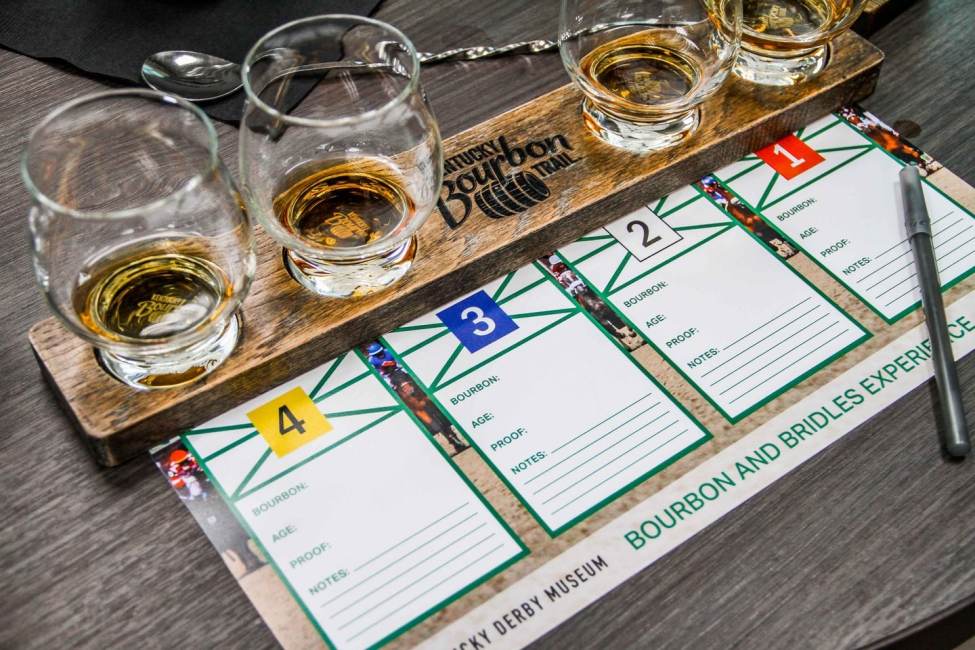 Bourbon and Bridles tasting flight and card.